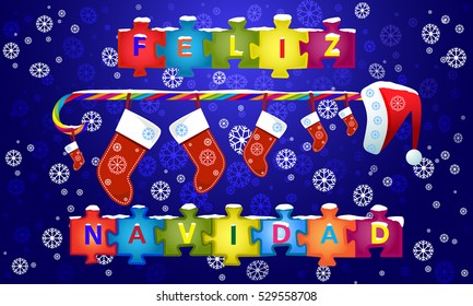 Vector Merry Christmas card template with greetings in spanish language,inscription on pieces of a puzzle,lollipop and Santa Claus' cap with a snowflakes background.Feliz navidad.Socks with Presents. 