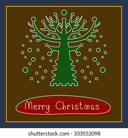Vector "Merry Christmas" card with Christmas tree and snowflakes. Paper cut style.