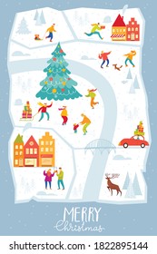 Vector Merry Christmas card for winter holidays with city map and abstract people doing shopping and winter activities.