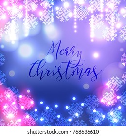 Vector Merry Christmas card. Winter background with bokeh, snowflake and lights