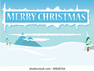 Vector Merry Christmas cartoon greeting card with mountains and  tree on blue background.