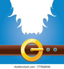 vector merry christmas classic blue cartoon background with santa claus white beard, belt and golden buckle. vector christmas banner , flyer or poster background with copy space for greeting text