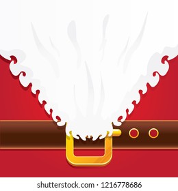 vector merry christmas classic red cartoon background with santa claus white beard, belt and golden buckle. vector christmas greeting card or banner background with copy space for greeting text