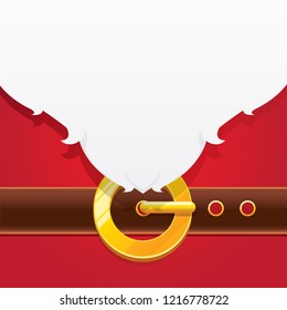 vector merry christmas classic red cartoon background with santa claus white beard, belt and golden buckle. vector christmas greeting card or banner background with copy space for greeting text