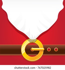 vector merry christmas classic red cartoon background with santa claus white beard, belt and golden buckle. vector christmas greeting card or banner background with copy space for greeting text