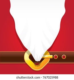 vector merry christmas classic red cartoon background with santa claus white beard, belt and golden buckle. vector christmas greeting card or banner background with copy space for greeting text