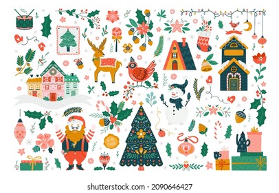 Vector Merry Christmas cliparts collection isolated on background. Set with Santa Claus, xmas tree, gift and deer,red cardinal  hand drawn designs. Vector elements for Xmas