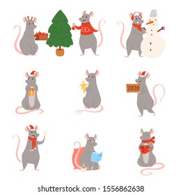 Vector Merry Christmas collection of 2020 Chinese New Year simbol - golden rat. Mouse horoscope sign. Hand drawn set of cute mice with Santa hat, tree, gifts, garland, jump, rest, give present.