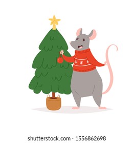 Vector Merry Christmas collection of 2020 Chinese New Year symbol - golden rat. Mouse horoscope sign. Hand drawn cute mouse decorating Christmas tree - postcard, greeting card, poster, print