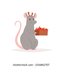Vector Merry Christmas collection of 2020 Chinese New Year symbol - golden rat. Mouse horoscope sign. Hand drawn cute mouse holding tree decorations - postcard, greeting card, poster, print