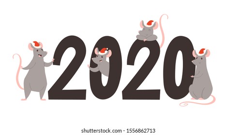 Vector Merry Christmas collection of 2020 Chinese New Year symbol - golden rat. Mouse horoscope sign. Hand drawn set of cute mice - postcard, greeting card, poster, print