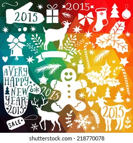 Vector Merry Christmas collection, New Year bundle icons, doodles element for Christmas design. Set of winter holidays silhouette on triangles background. Xmas decoration elements, classic retro icons
