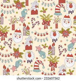 Vector Merry Christmas collection, New Year bundle icons, doodles element for Christmas design. Seamless pattern background