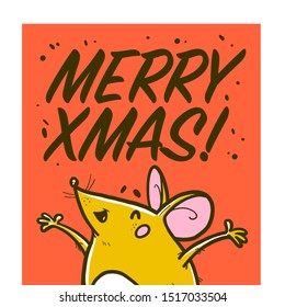 Vector Merry Christmas congratulation concept with greeting text and hand drawn happy character wave isolated. For stickers, prints, congratulation cards, present packaging, banners design etc.
