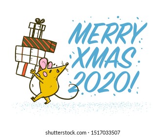 Vector Merry Christmas congratulation concept with greeting text & hand drawn happy mouse character carry pile of gift box isolated. For sticker, print, congratulation card, present packaging, banner.