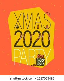 Vector Merry Christmas congratulation design with text greeting, candles and gift box on orange background. For prints, flayers, congratulation cards, present packaging design etc.
