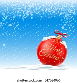 Vector. Merry Christmas. Crystal Christmas ball with a red bow on a white background. Christmas decoration. Christmas silver ball on a red ribbon in the snow.