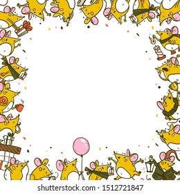 Vector Merry Christmas decoration frame with set of hand drawn happy mice characters isolated. Mouse with lantern, gifts, coffee, air balloon, celebrating. For congratulation card, present packaging.