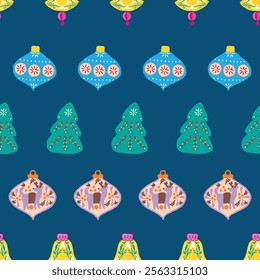 Vector Merry Christmas Decoration Seamless Pattern. Vector Folk Ball Baubles Repeat Pattern for textiles, wrapping paper, cards, xmas designs.