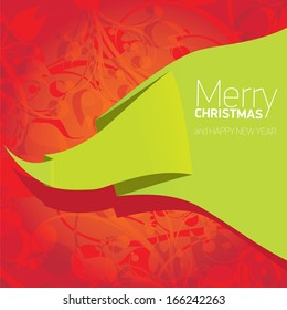 vector merry christmas decorative red floral background with green origami bow or ribbon for greeting text. xmas or happy new year card