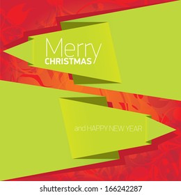 vector merry christmas decorative red floral background with green origami bow or ribbon for greeting text. xmas or happy new year card