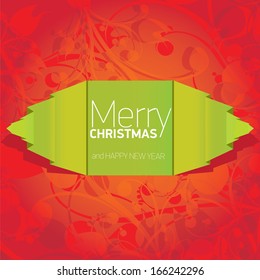 vector merry christmas decorative red floral background with green origami bow or ribbon for greeting text. xmas or happy new year card