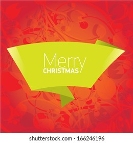 vector merry christmas decorative red floral background with green origami bow or ribbon for greeting text. xmas or happy new year card