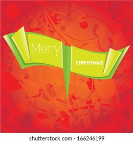 vector merry christmas decorative red floral background with green origami bow or ribbon for greeting text. xmas or happy new year card