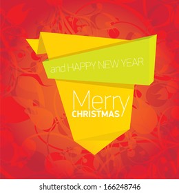 vector merry christmas decorative red floral background with green and orange origami bow or ribbon for greeting text. xmas or happy new year card