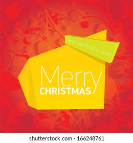 vector merry christmas decorative red floral background with green and orange origami bow or ribbon for greeting text. xmas or happy new year card