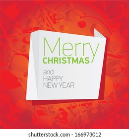 vector merry christmas decorative red floral background with white origami speech bubble for greeting text. xmas or happy new year card with origami  bow or ribbon