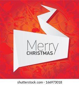 vector merry christmas decorative red floral background with white origami speech bubble for greeting text. xmas or happy new year card with origami  bow or ribbon
