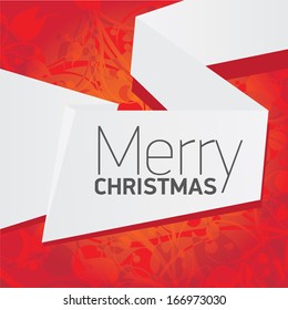 vector merry christmas decorative red floral background with white origami speech bubble for greeting text. xmas or happy new year card with origami  bow or ribbon