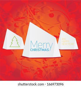 vector merry christmas decorative red floral background with white origami speech bubble for greeting text. xmas or happy new year card with origami  bow or ribbon
