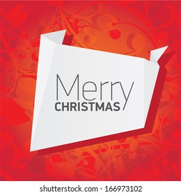 vector merry christmas decorative red floral background with white origami speech bubble for greeting text. xmas or happy new year card with origami  bow or ribbon