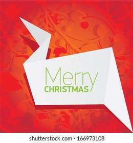 vector merry christmas decorative red floral background with white origami speech bubble for greeting text. xmas or happy new year card with origami  bow or ribbon