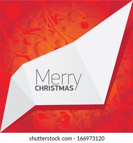 vector merry christmas decorative red floral background with white origami speech bubble for greeting text. xmas or happy new year card with origami  bow or ribbon