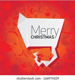 vector merry christmas decorative red floral background with white origami speech bubble for greeting text. xmas or happy new year card with origami  bow or ribbon