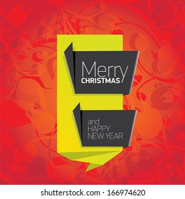 vector merry christmas decorative red floral background with green origami speech bubble for greeting text. xmas or happy new year card with origami  bow or ribbon