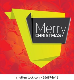 vector merry christmas decorative red floral background with green origami speech bubble for greeting text. xmas or happy new year card with origami  bow or ribbon