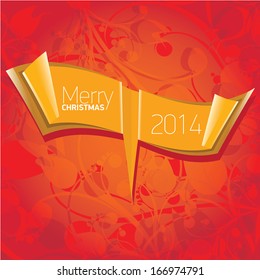 vector merry christmas decorative red floral background with golden origami speech bubble for greeting text. xmas or happy new year card with golden origami  bow or ribbon