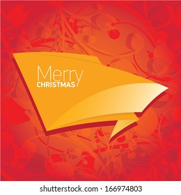 vector merry christmas decorative red floral background with golden origami speech bubble for greeting text. xmas or happy new year card with golden origami  bow or ribbon