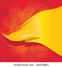 vector merry christmas decorative red floral background with golden origami speech bubble for greeting text. xmas or happy new year card with golden origami  bow or ribbon