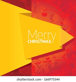 vector merry christmas decorative red floral background with golden origami speech bubble for greeting text. xmas or happy new year card with golden origami  bow or ribbon