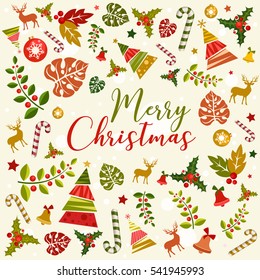 Vector merry christmas design. Celebration card drawing. Happy new year. Collection of christmas elements and icons.