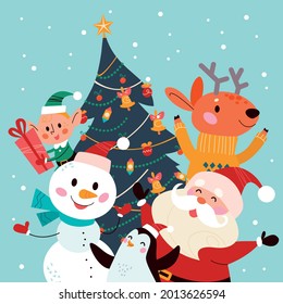 Vector Merry Christmas flat cartoon illustration with funny Santa Claus, snowman, elf characters, penguin and reindeer at decorated xmas fir tree. For card, banner, invitation, poster, flayer.