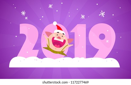 Vector Merry Christmas flat illustration with 2019 number and happy little pig elf in santa hat isolated on purple background. Good for New Year season web banner, advertisement, card, poster etc.