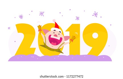 Vector Merry Christmas flat illustration with 2019 number & happy little pig elf in santa hat ring bells isolated on white background. Good for New Year season web banner, advertisement, card, poster.