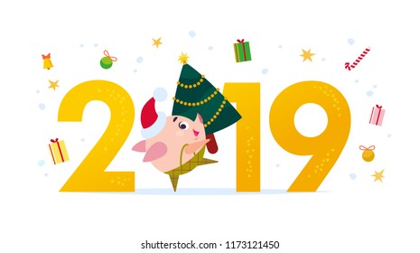 Vector Merry Christmas flat illustration with 2019 number & happy little pig elf in santa hat carrying fir tree isolated on white background. New Year season web banner, advertisement, card, poster.