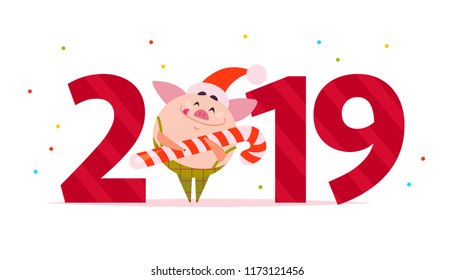 Vector Merry Christmas flat illustration with 2019 number and happy little pig elf in santa hat isolated on white background. Good for New Year season web banner, advertisement, card, poster etc.
